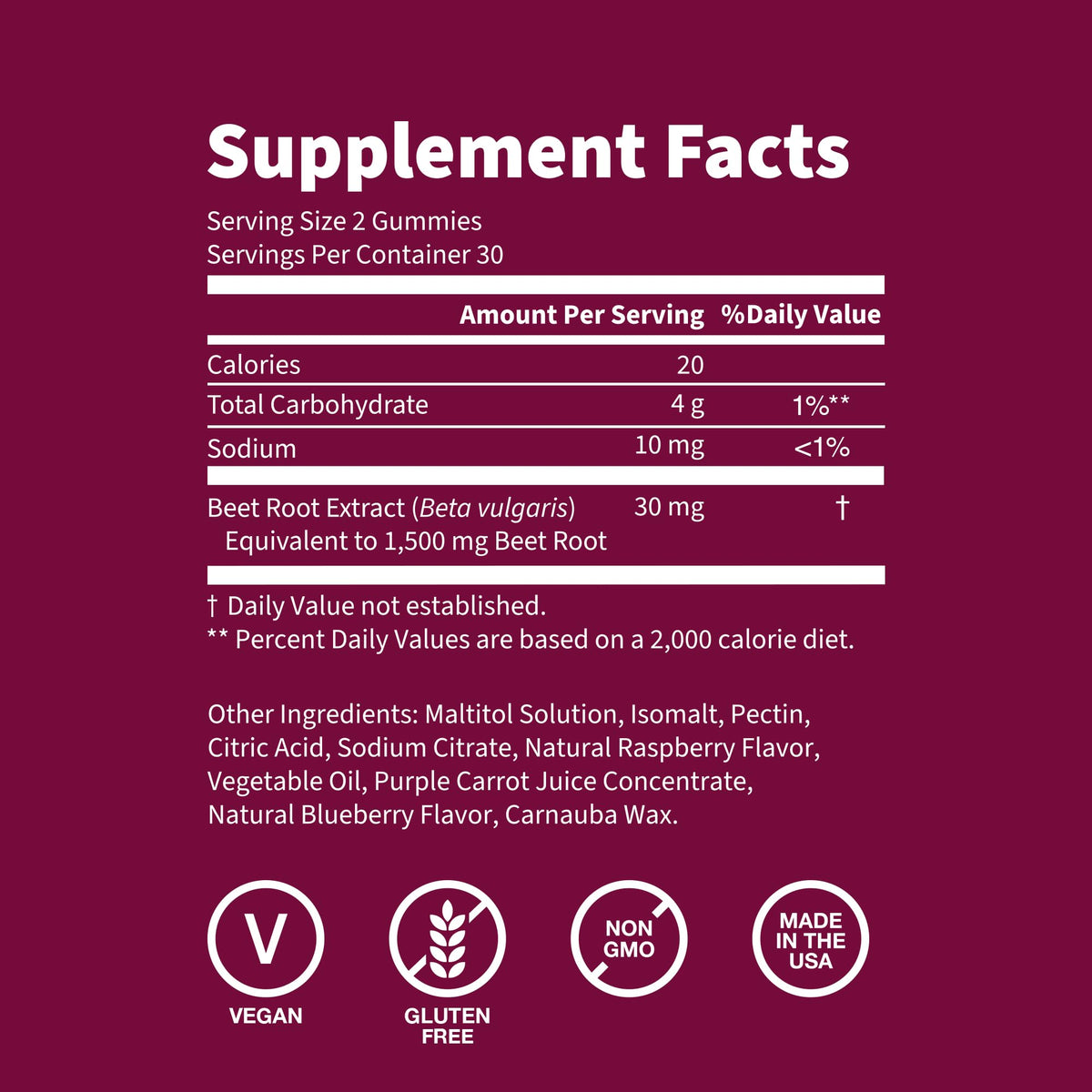 Sugar Free 1500 mg Blueberry Flavor Beet Root Gummies 60 Ct V17933