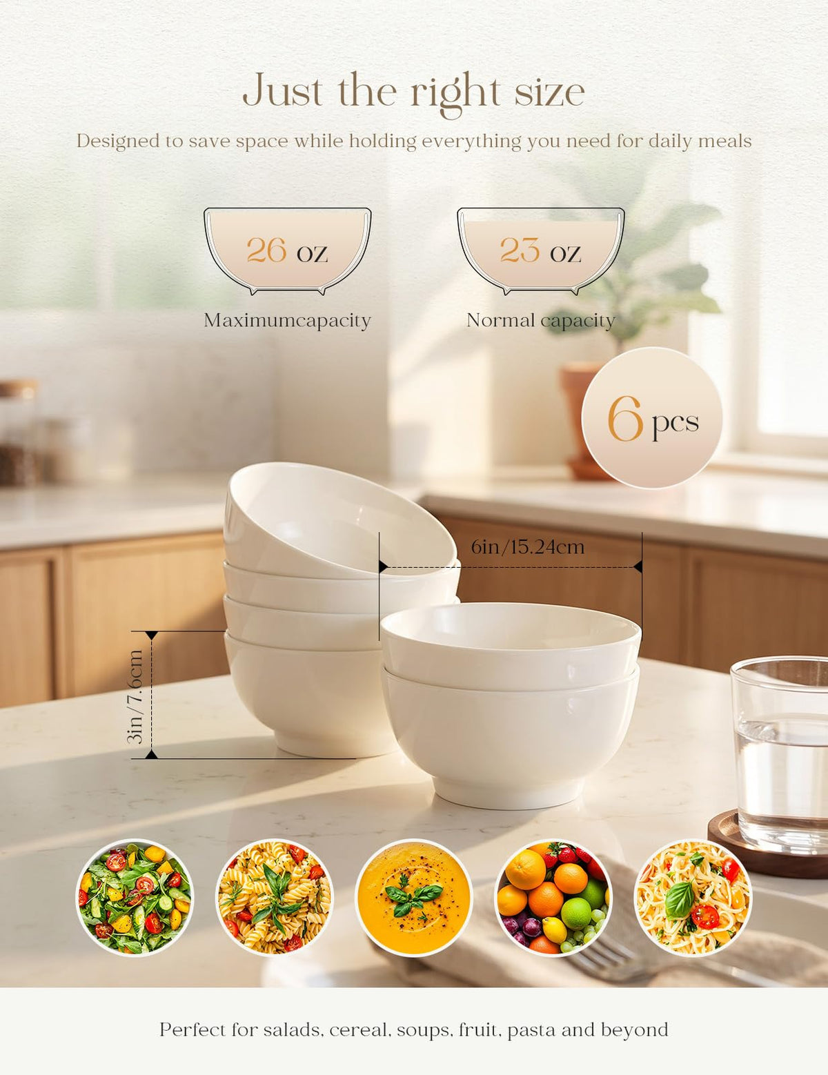 Porcelain Soup Bowls Set of 6, 26 oz White Ceramic Bowls T85927
