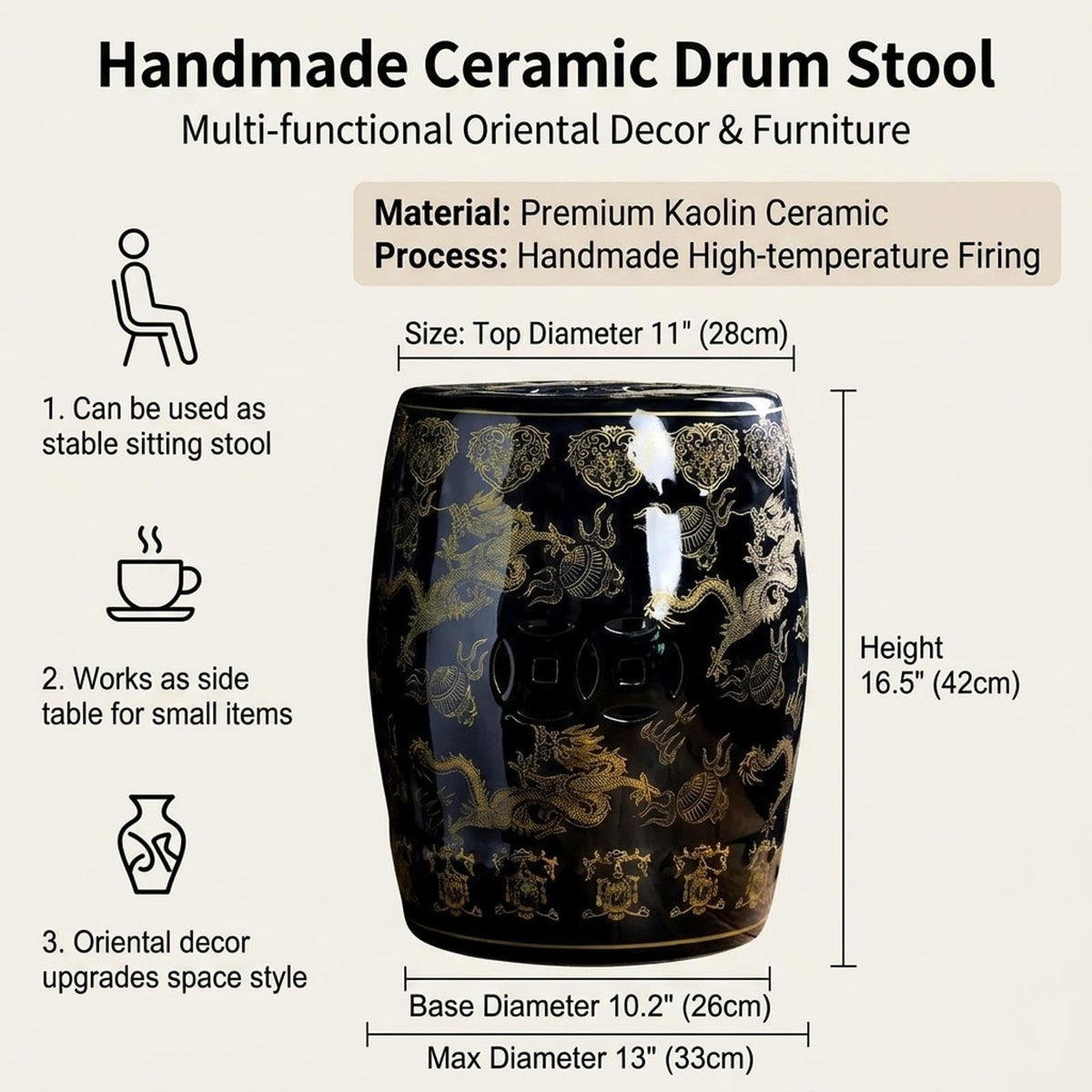 Ceramic Garden Stool Drum Side Table Plant Stand V1980