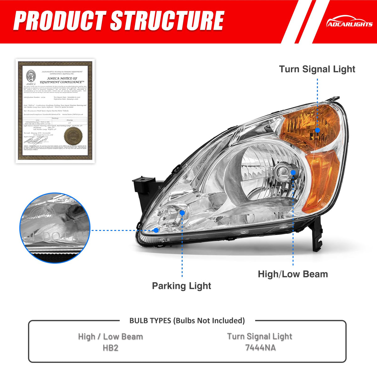 Headlamp Assembly with Chrome Housing Amber Reflector Driver and Passenger Sides X28374