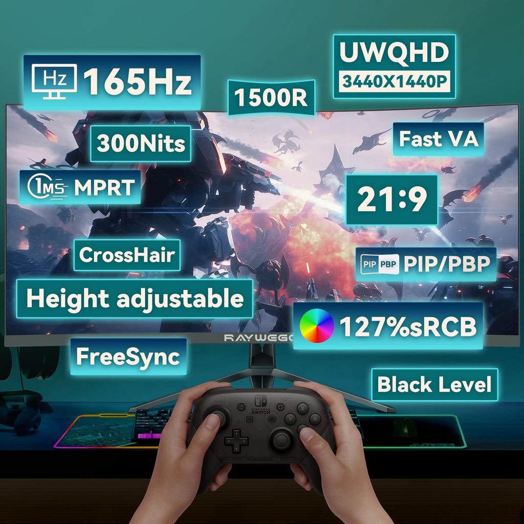 34 Inch Curved Ultrawide Gaming Monitor, UWQHD 165Hz, 1500R S716500