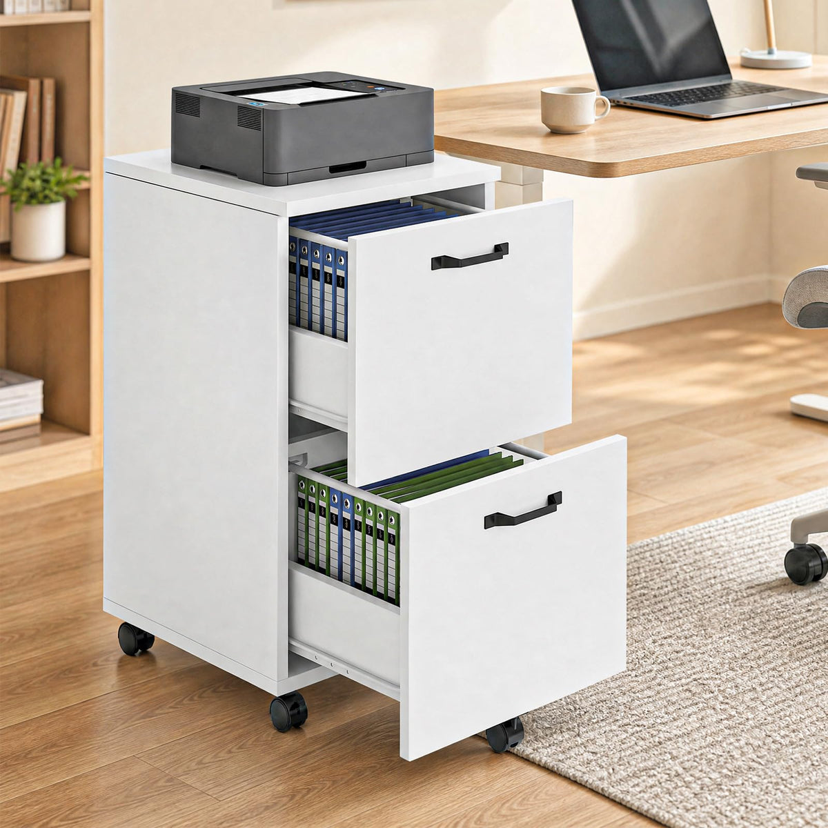 2 Drawer White Rolling Wood File Cabinet T2259