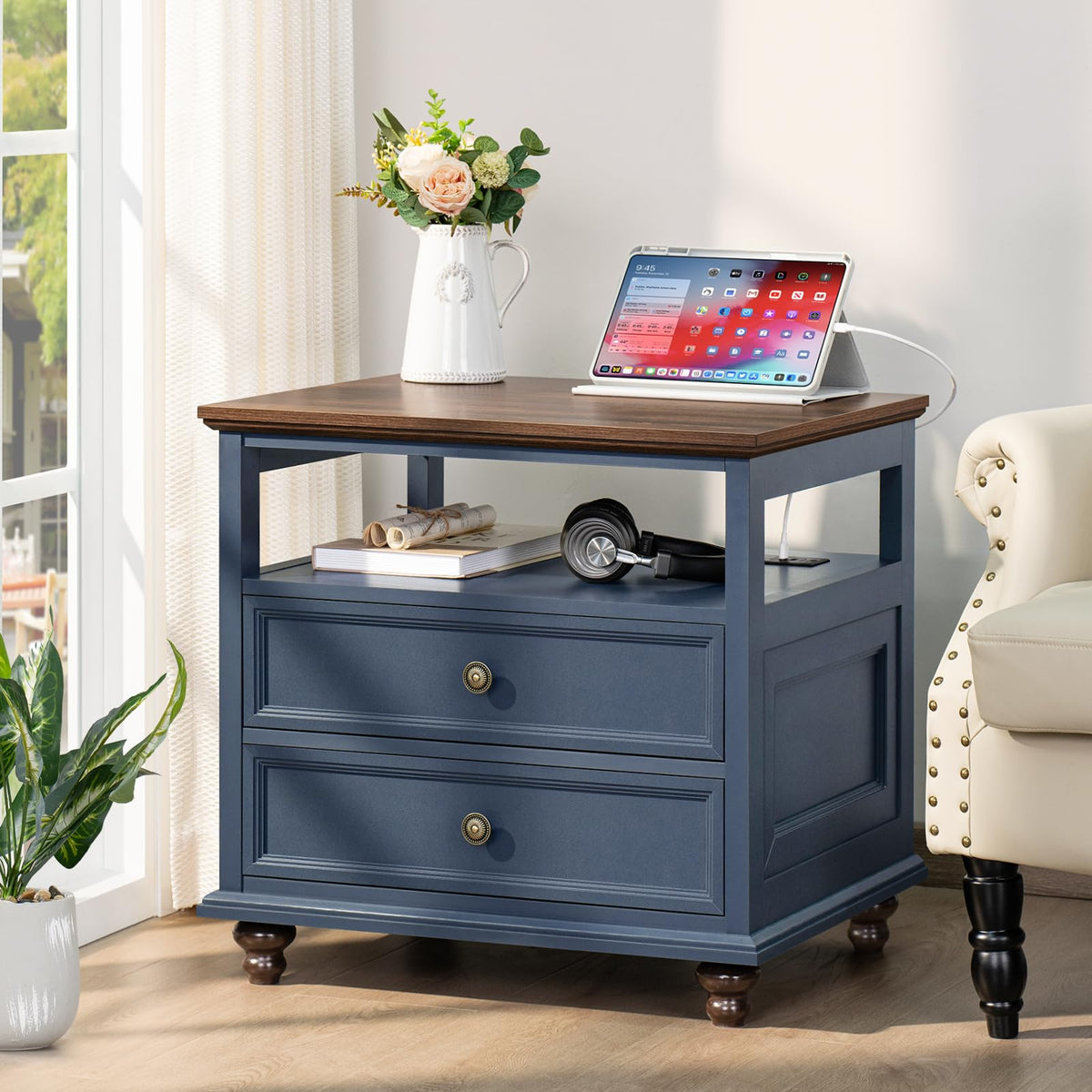 Blue 2 Drawer Wood Nightstand Y3311