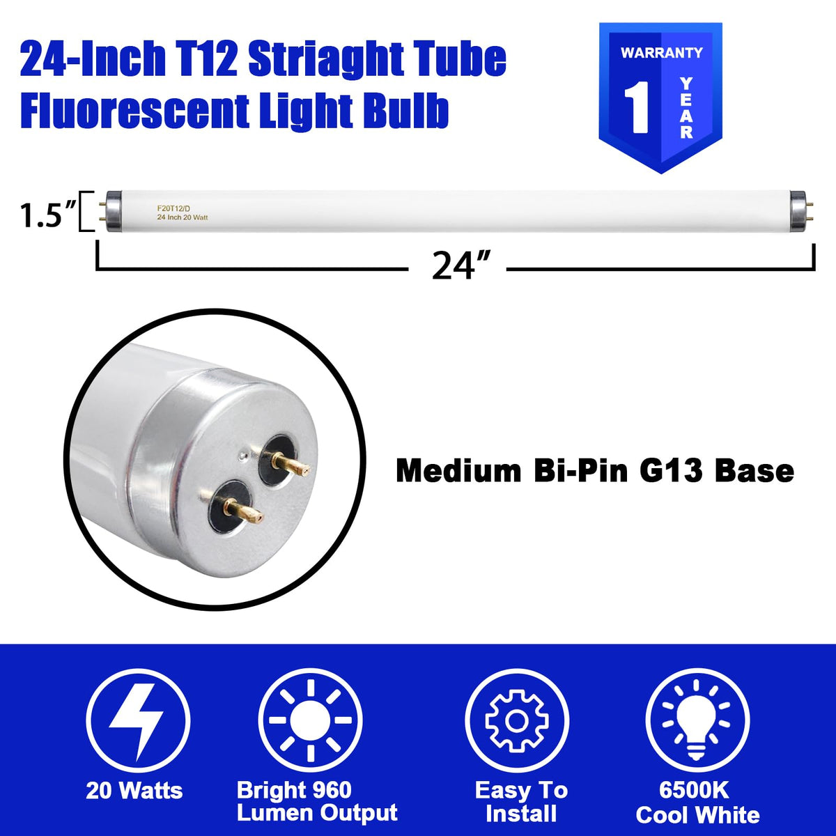 20 Watt T12 Fluorescent Tube Light Bulb Daylight 4 Count T98840
