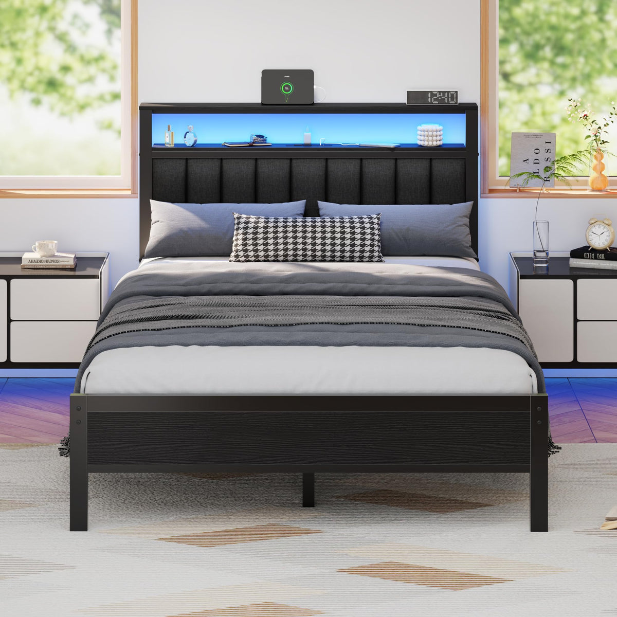 Full Size Bed Frame with Charging Station and LED Lights S52805