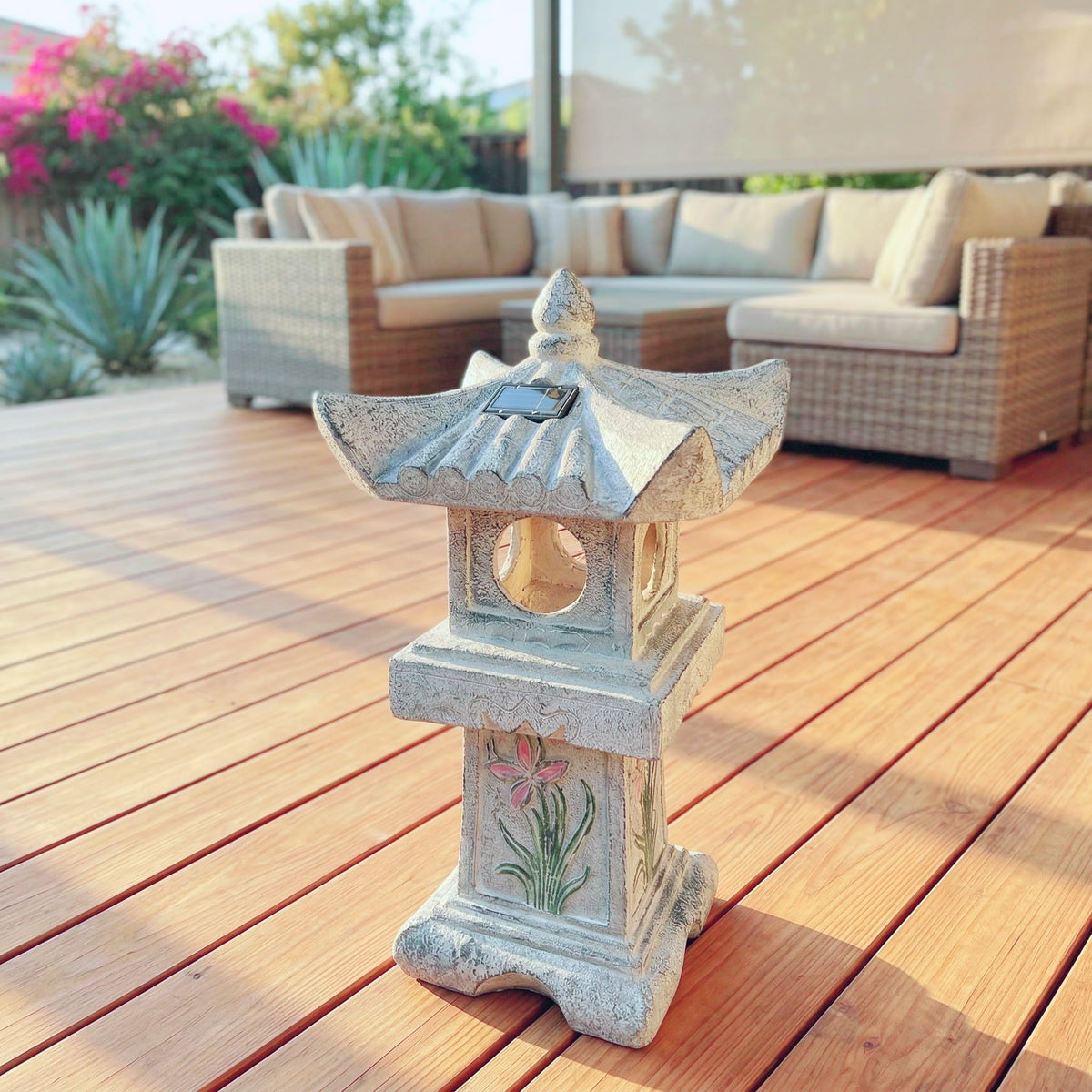 Solar-Powered LED Asian Orchid Pagoda Statue I80087