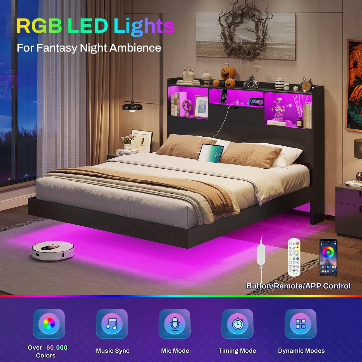 Queen Size Metal Platform Bed Frame with LED Lights and Storage Headboard J9330