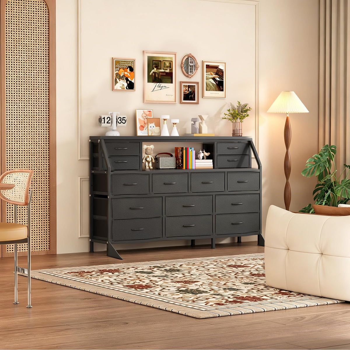 55" Black 14 Drawer Fabric Dresser with Open Shelf P348
