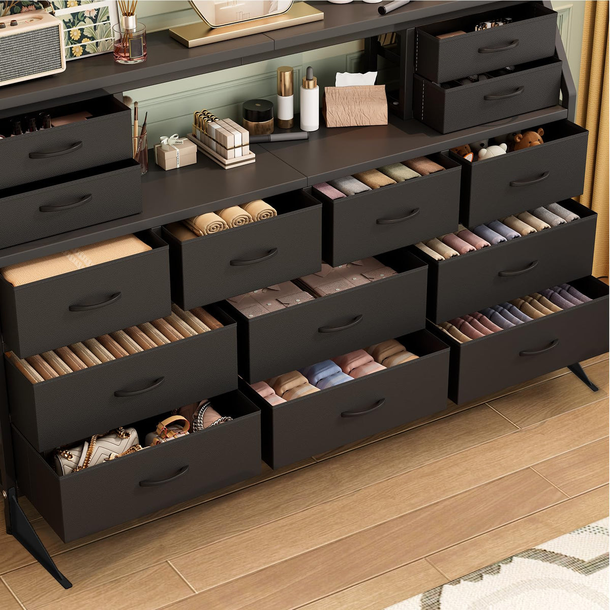55" Black 14 Drawer Fabric Dresser with Open Shelf P348