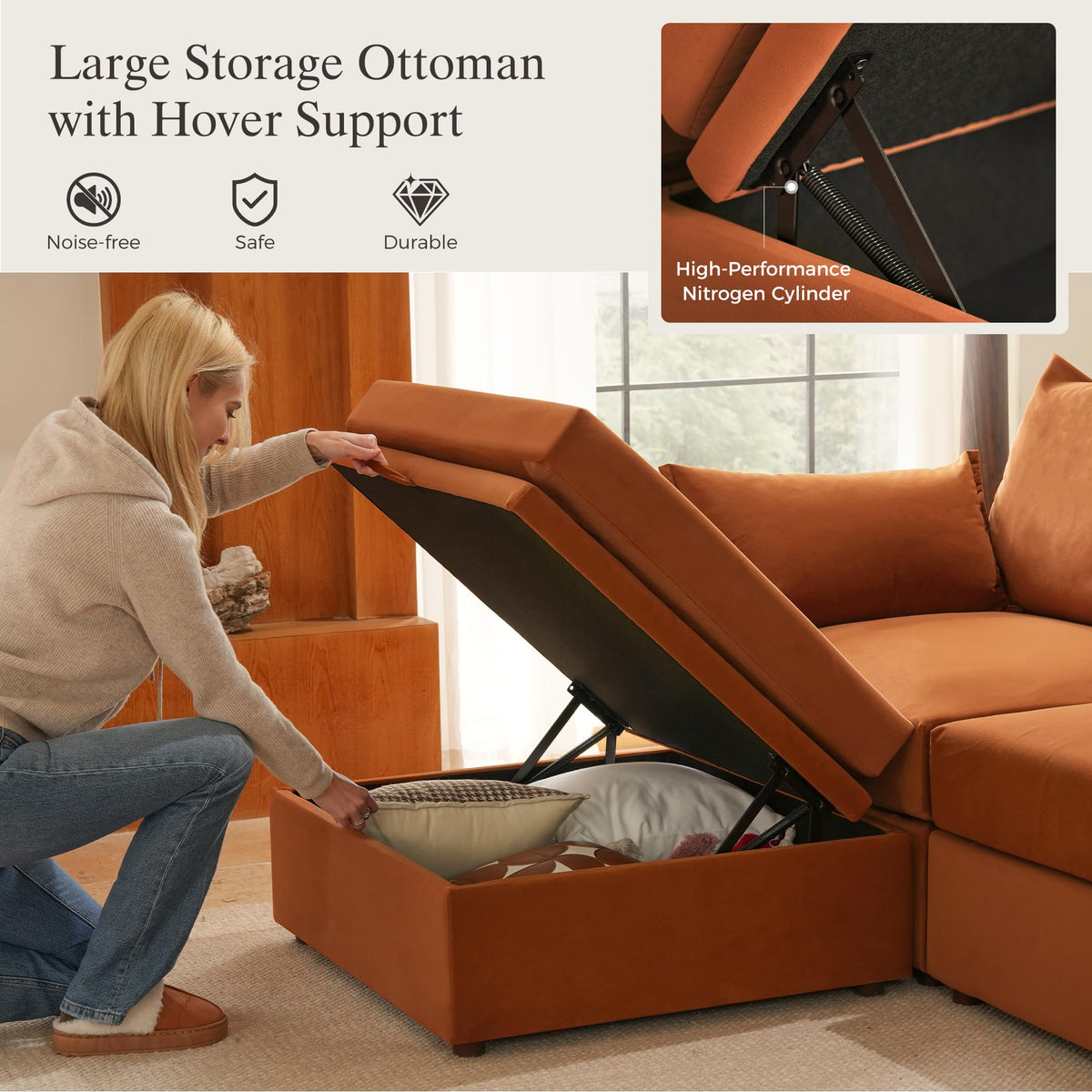 102.6" L Shaped 4 Seater Velvet Sectional Sofa with Storage Ottoman X414901