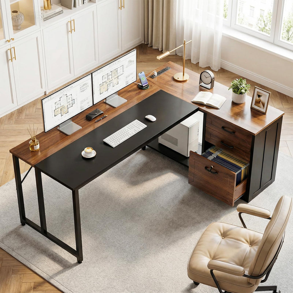 61" L Shaped Office Desk with Wood Drawers B64123