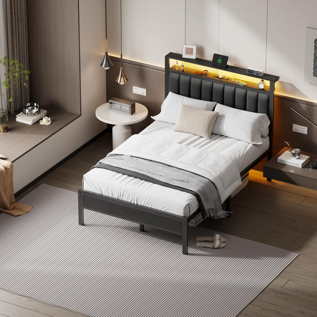 Full Size Bed Frame with Charging Station and LED Lights S52805