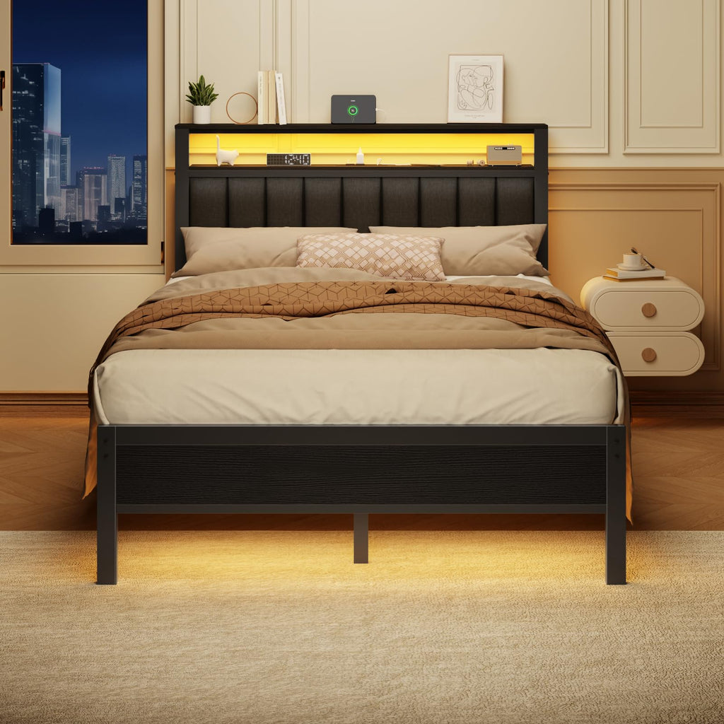 Full Size Bed Frame with Charging Station and LED Lights S52805