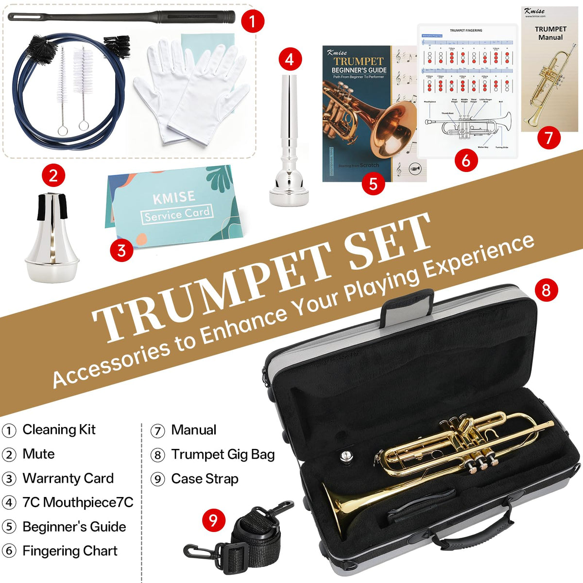 Bb Standard Brass Trumpet with Case, 7C Mouthpiece, Mute and Cleaning Kit L65722