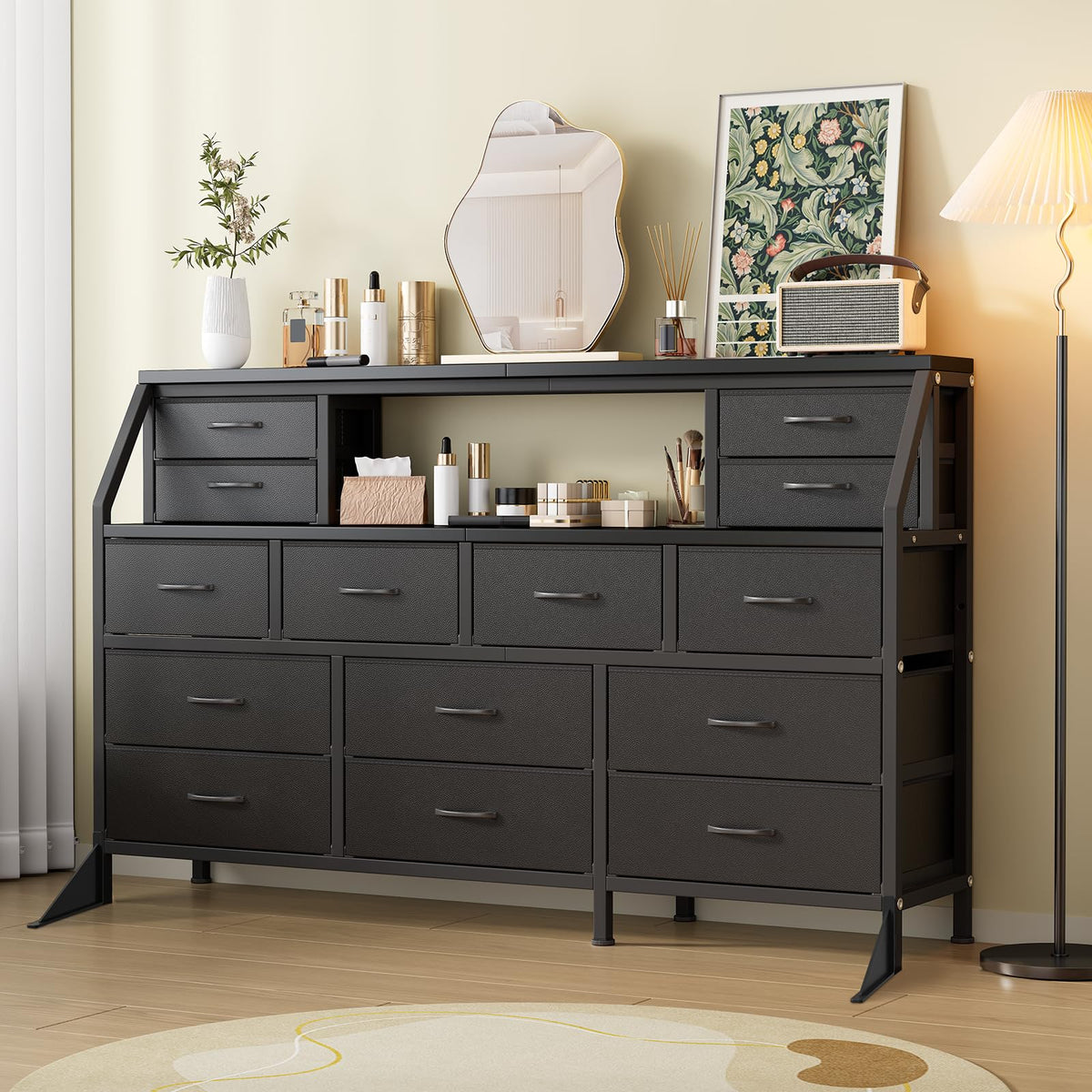 55" Black 14 Drawer Fabric Dresser with Open Shelf P348