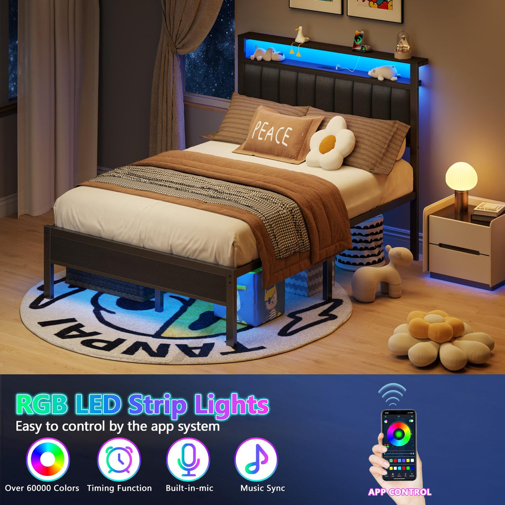 Full Size Bed Frame with Charging Station and LED Lights S52805