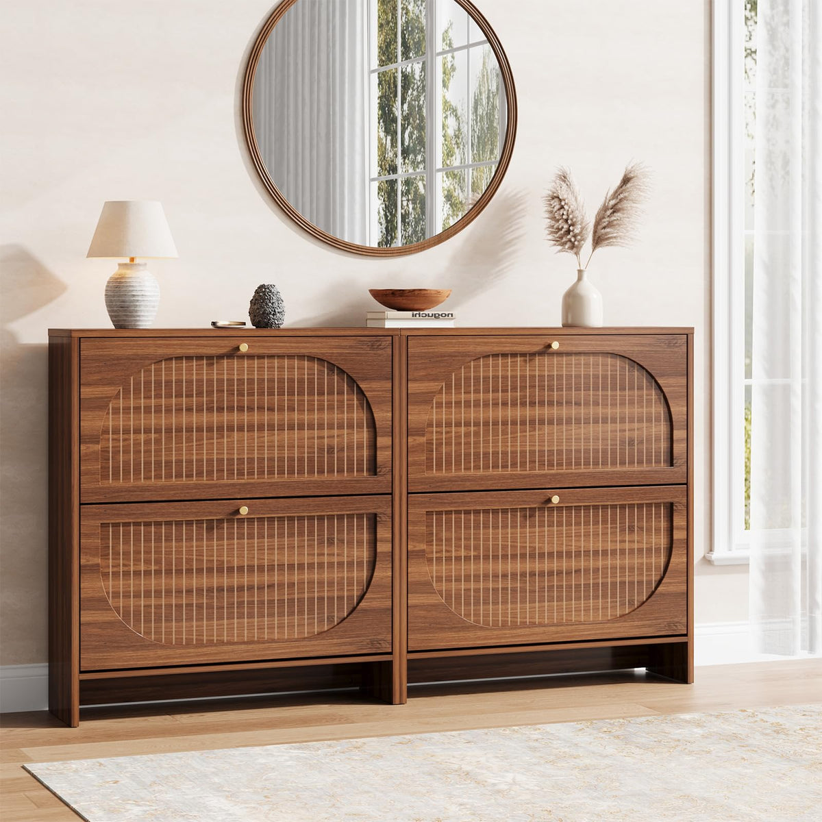Luminous Walnut Shoe Storage Cabinet with Adjustable Shelves D640968