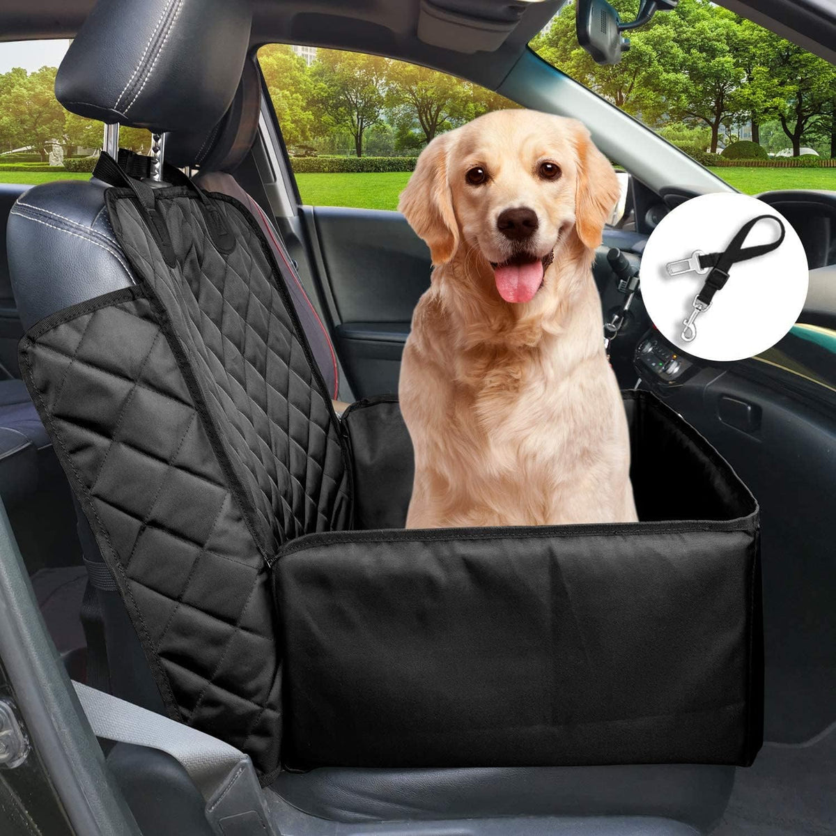 Black 2 in 1 Waterproof Dog Car Seat Cover with Safety Belt D2672