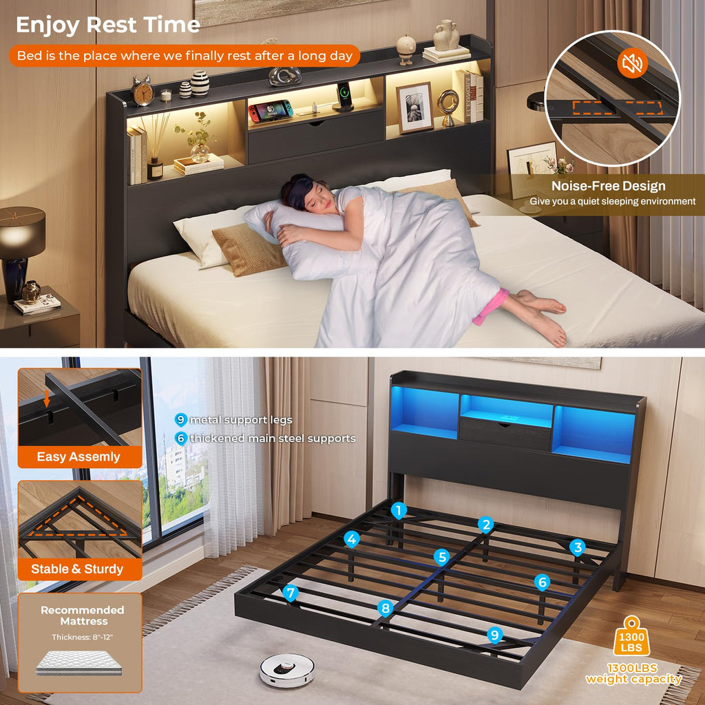 Queen Size Metal Platform Bed Frame with LED Lights and Storage Headboard J9330