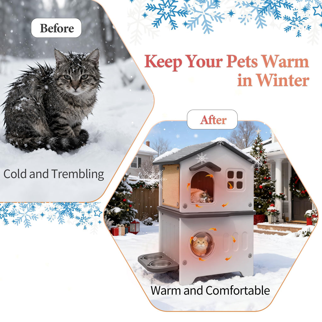 Insulated Outdoor Plastic Cat House with Cat Bowls J104198