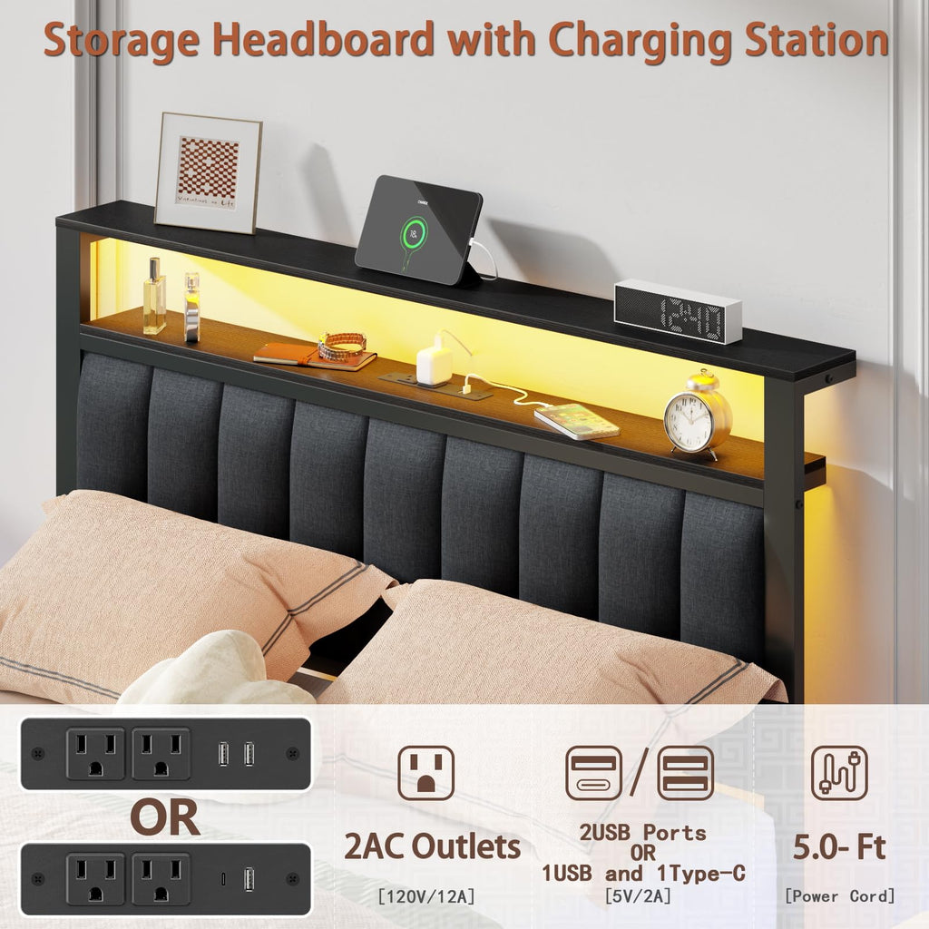 Full Size Bed Frame with Charging Station and LED Lights S52805