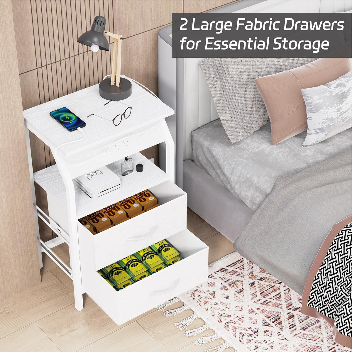 End Table with LED Lights, 2 Fabric Drawers and Charging Station X71079