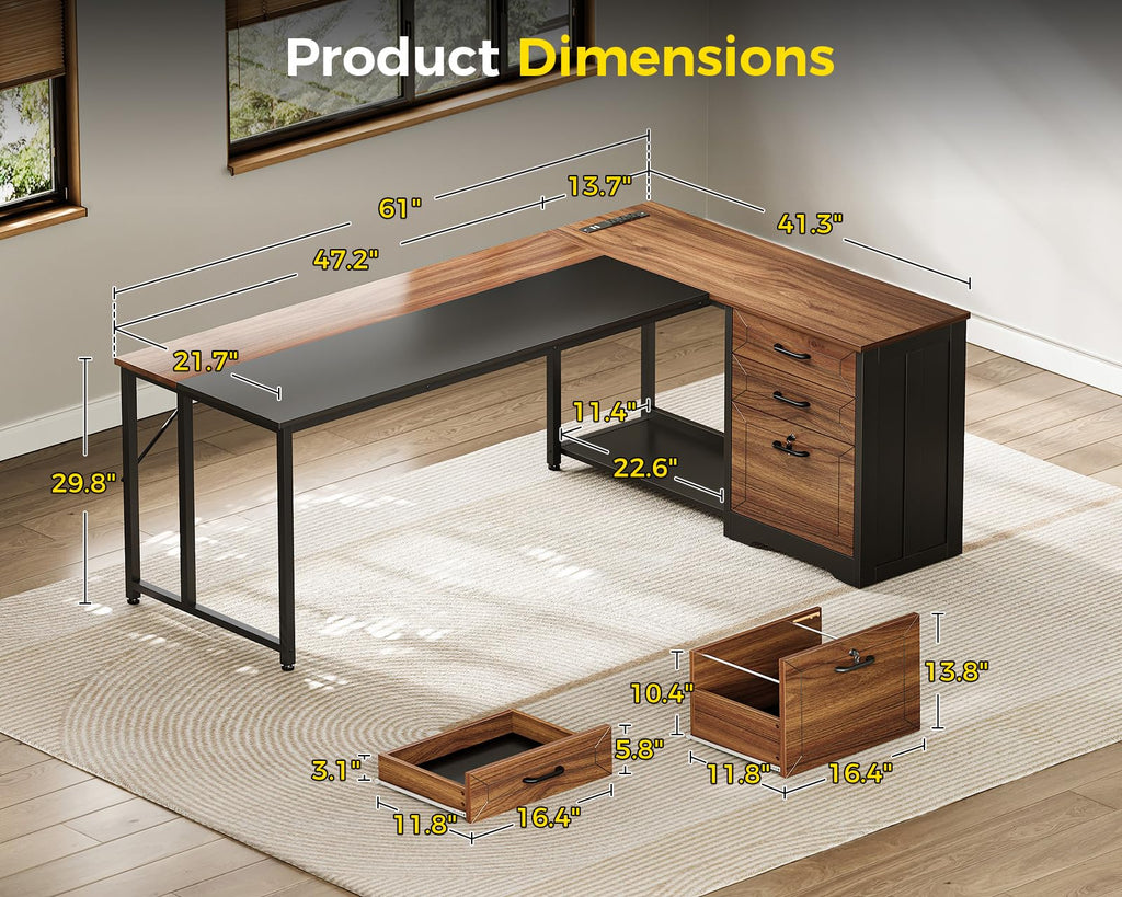 61" L Shaped Office Desk with Wood Drawers B64123