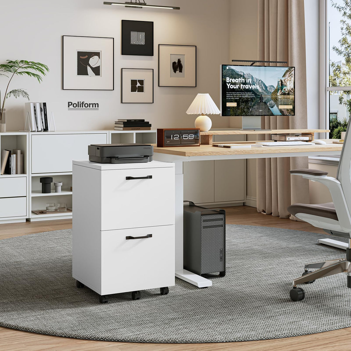 2 Drawer White Rolling Wood File Cabinet T2259