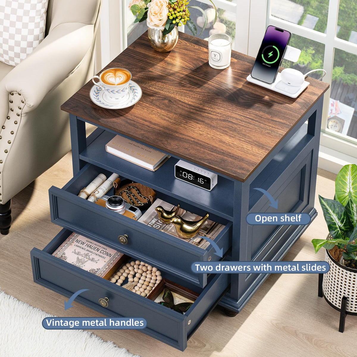 Blue 2 Drawer Wood Nightstand Y3311