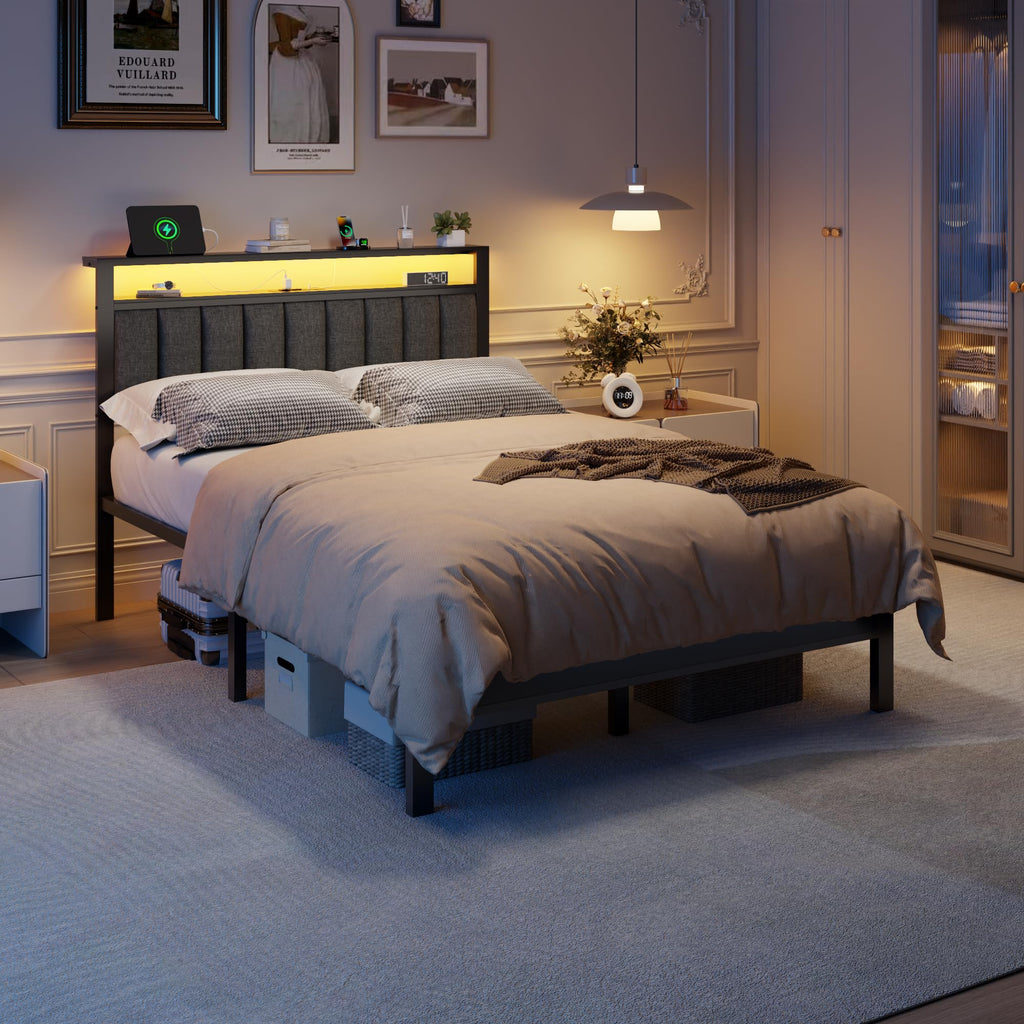 Full Size Bed Frame with Charging Station and LED Lights S52805