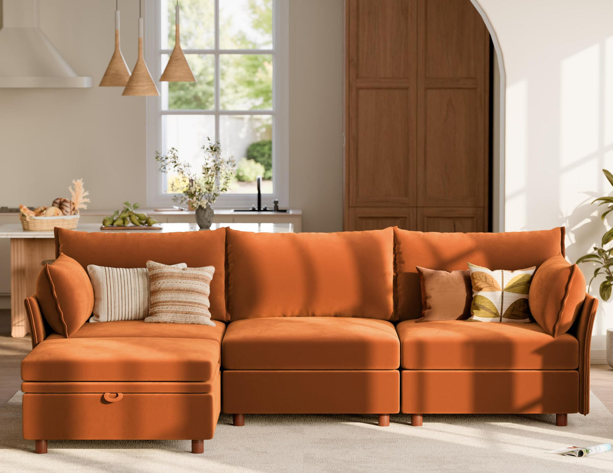 102.6" L Shaped 4 Seater Velvet Sectional Sofa with Storage Ottoman X414901