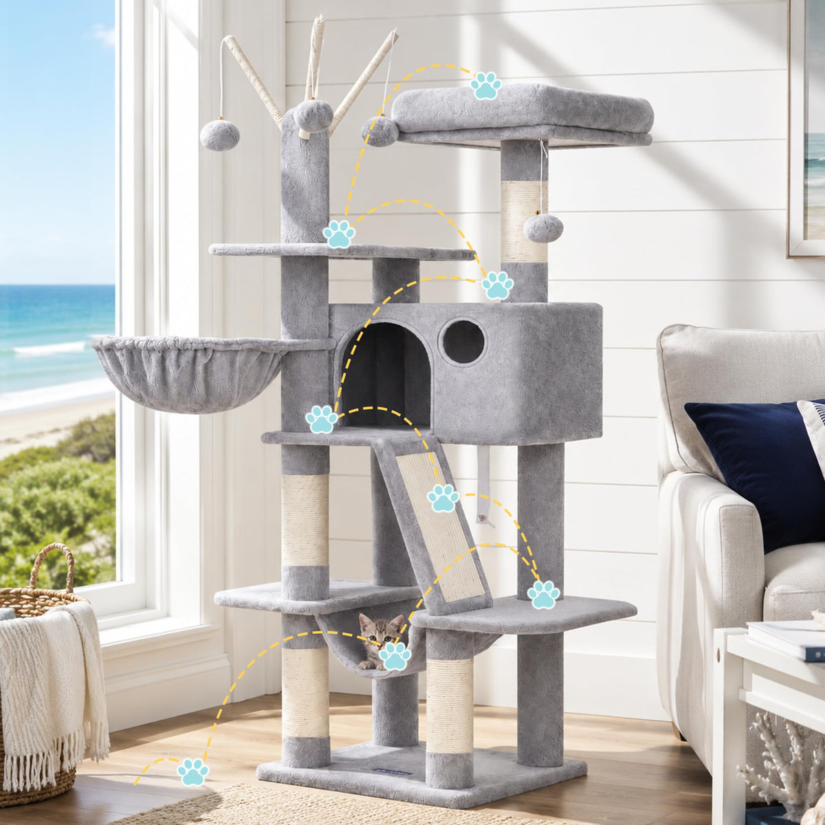 Cat Tree Tower with Padded Platform Bed, Hammock G3928