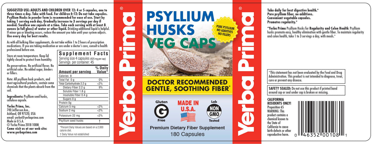 180 Veg Capsules Psyllium Husks Fiber Supplement A28017