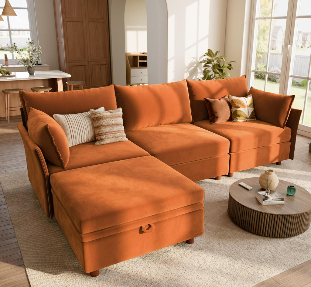 102.6" L Shaped 4 Seater Velvet Sectional Sofa with Storage Ottoman X414901