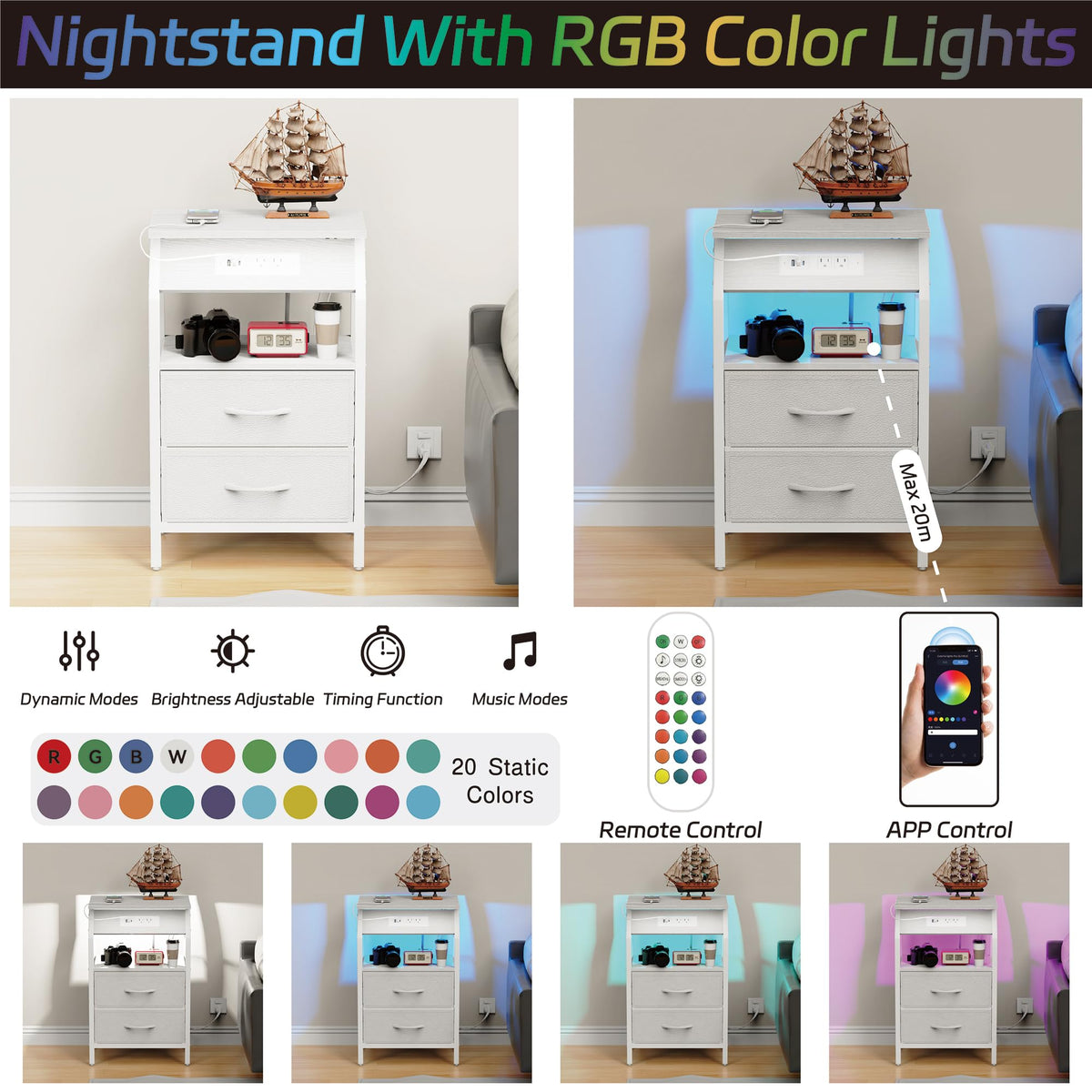 End Table with LED Lights, 2 Fabric Drawers and Charging Station X71079