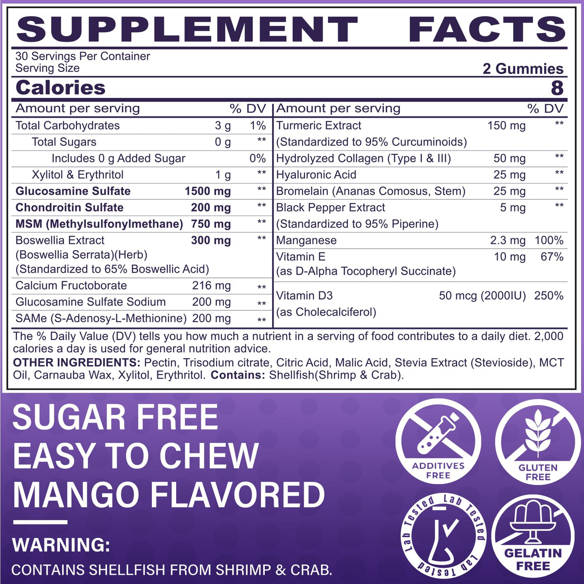 Glucosamine Chondroitin Gummies with MSM, No Sugar, 120 Cts S800