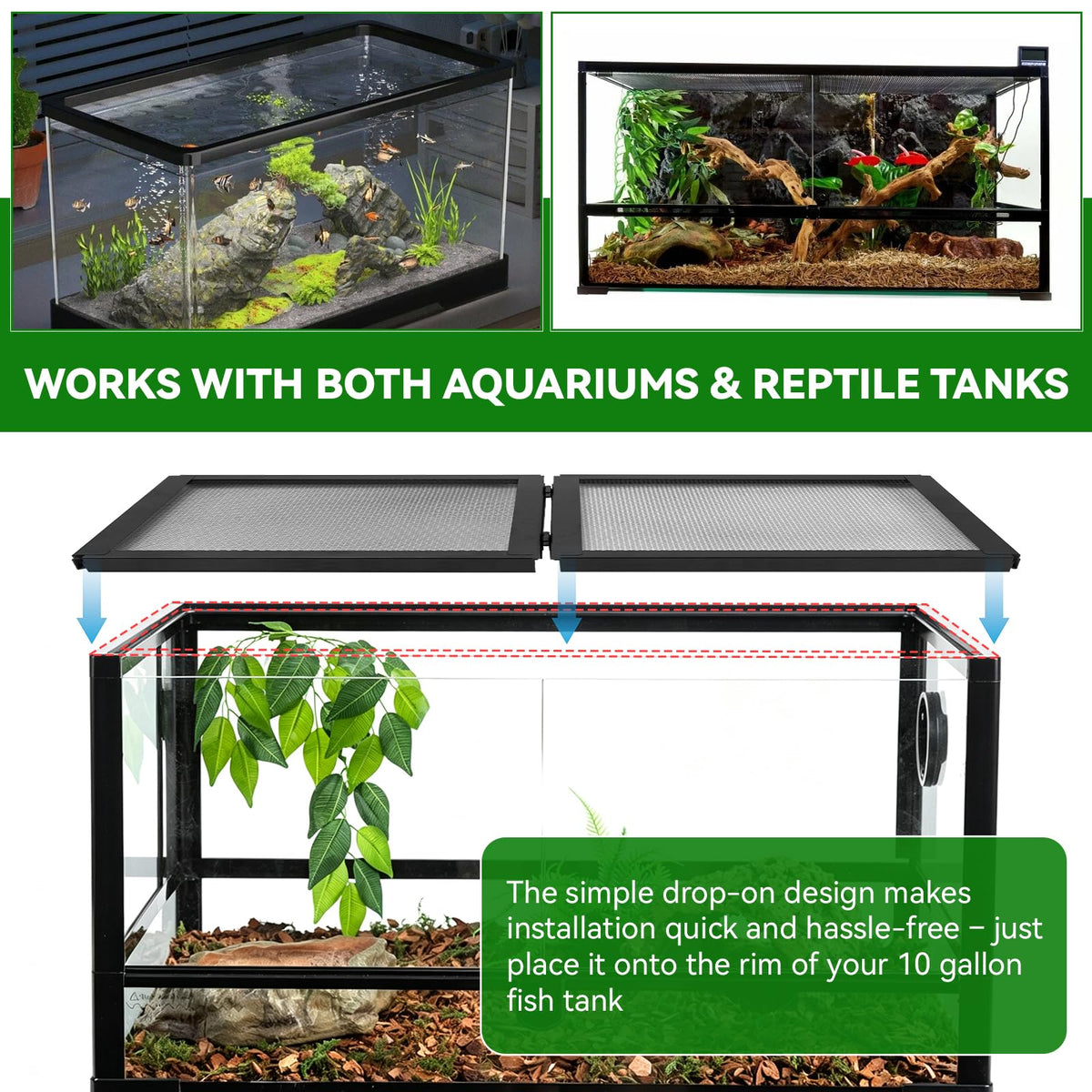 10 Gallon Tank Lid, Hinged Terrarium Screen Cover, 20.8" x 10.8" E490