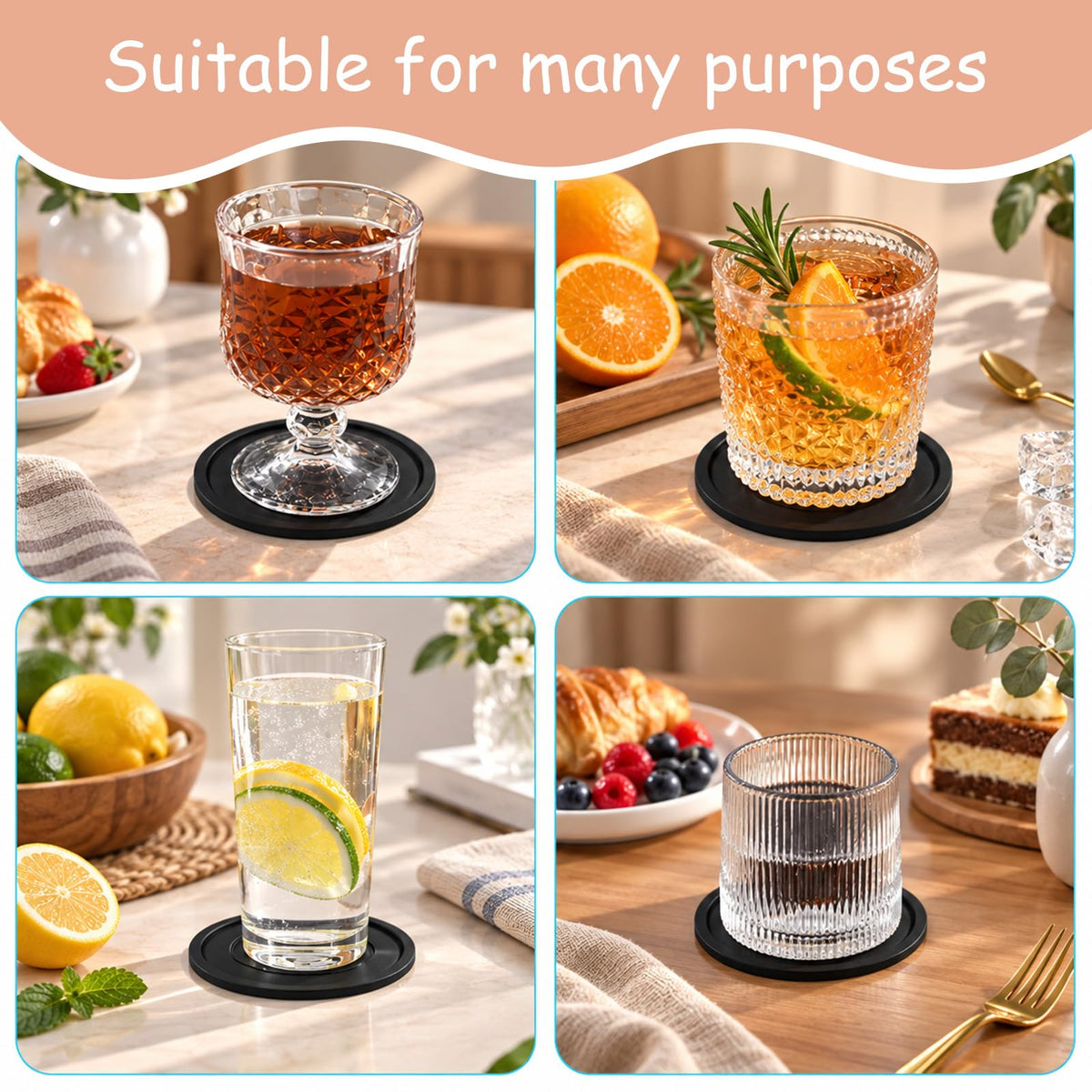 Black Set of 4 Round Silicone Coasters F841
