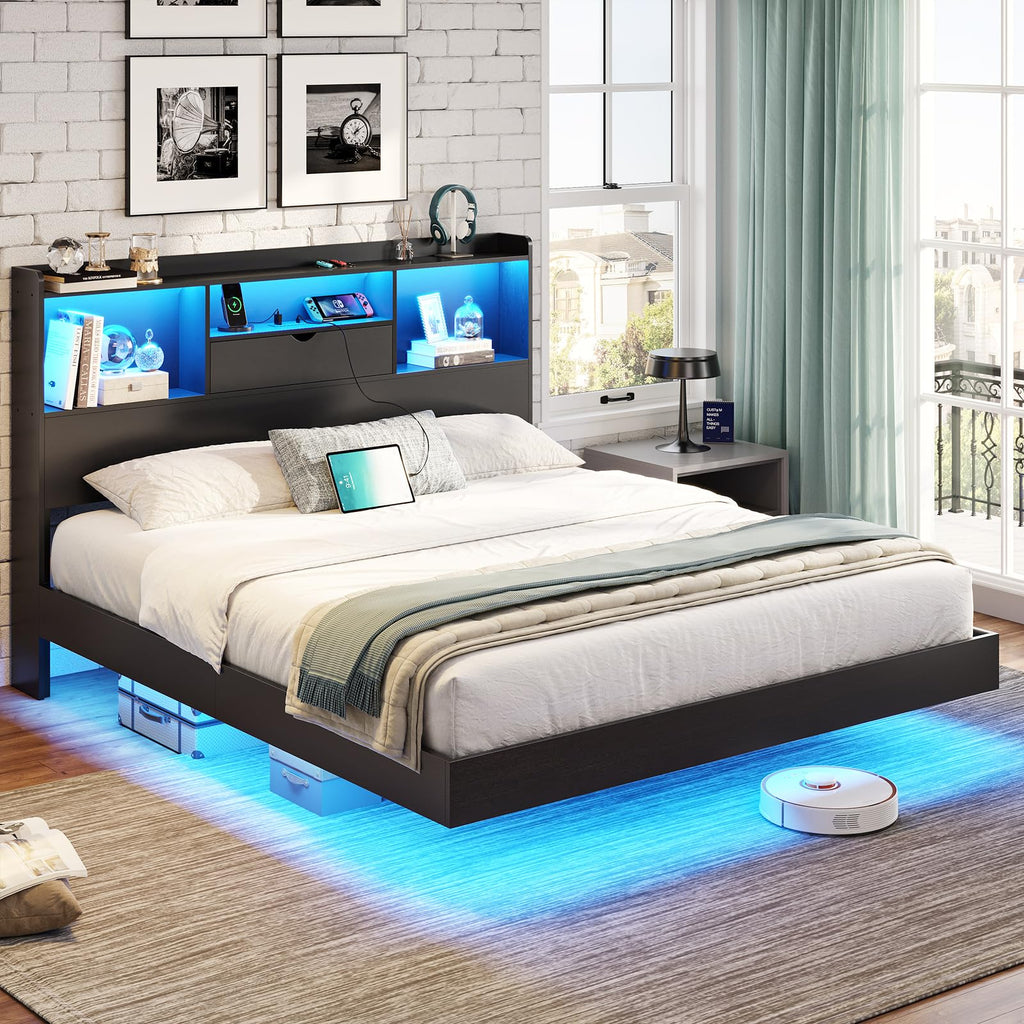 Queen Size Metal Platform Bed Frame with LED Lights and Storage Headboard J9330