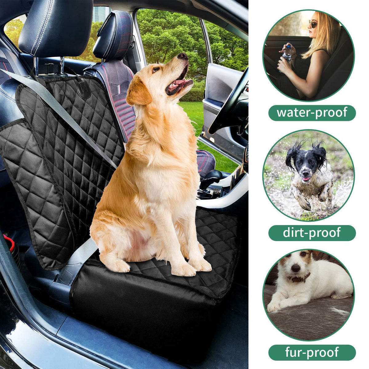 Black 2 in 1 Waterproof Dog Car Seat Cover with Safety Belt D2672