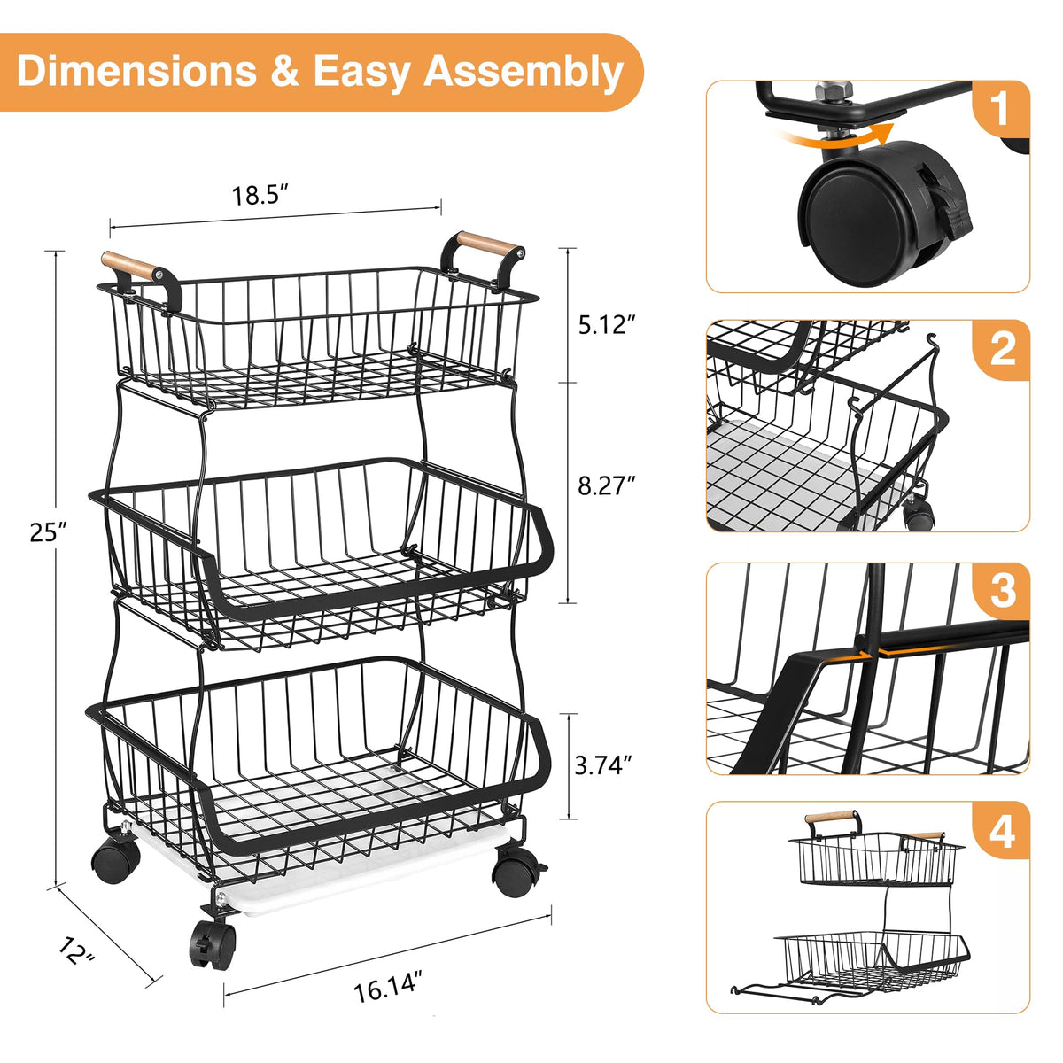 3-Tier Fruit Basket with Wheels L797