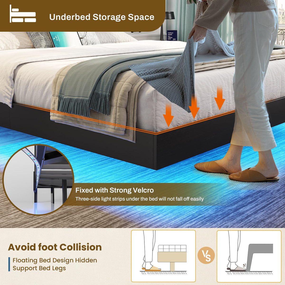 Queen Size Metal Platform Bed Frame with LED Lights and Storage Headboard J9330