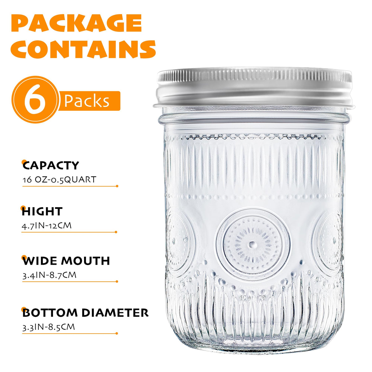 16 oz Regular Mouth Mason Jars with Lids 6 Pack W5044