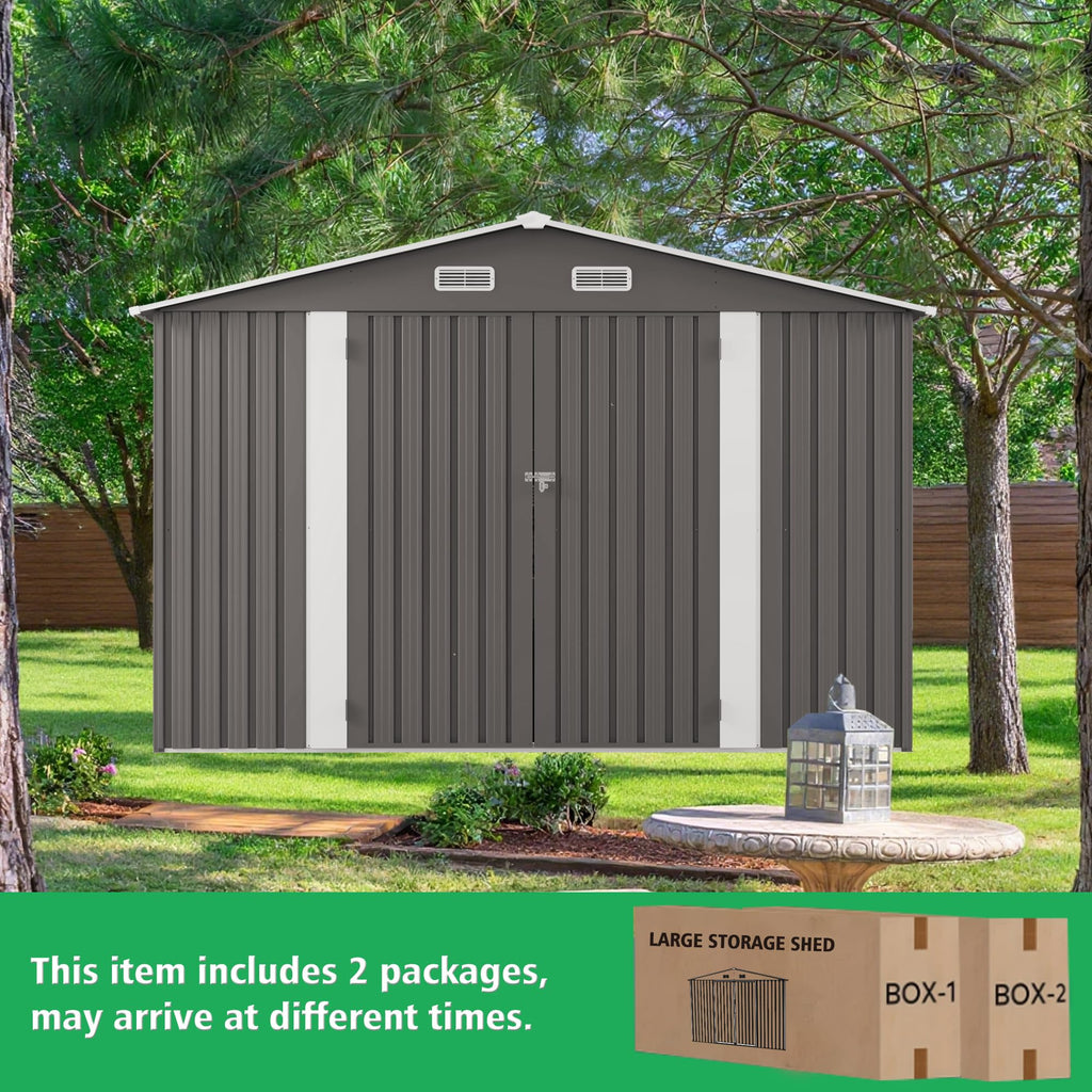 10x12 FT Grey Metal Storage Shed with Double Doors Q3942