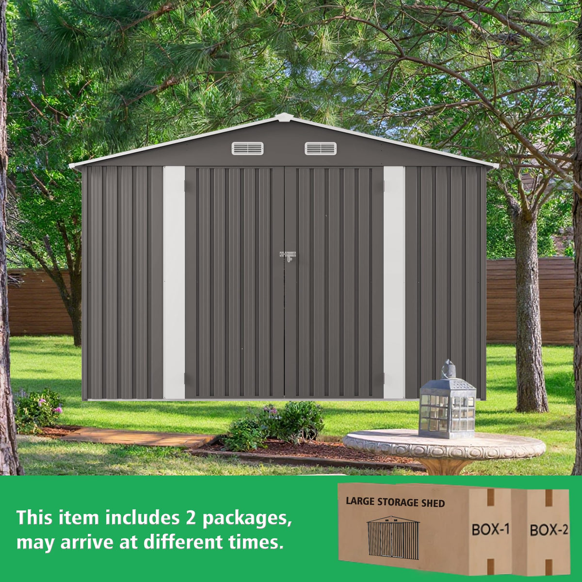 10x12 FT Grey Metal Storage Shed with Double Doors Q3942