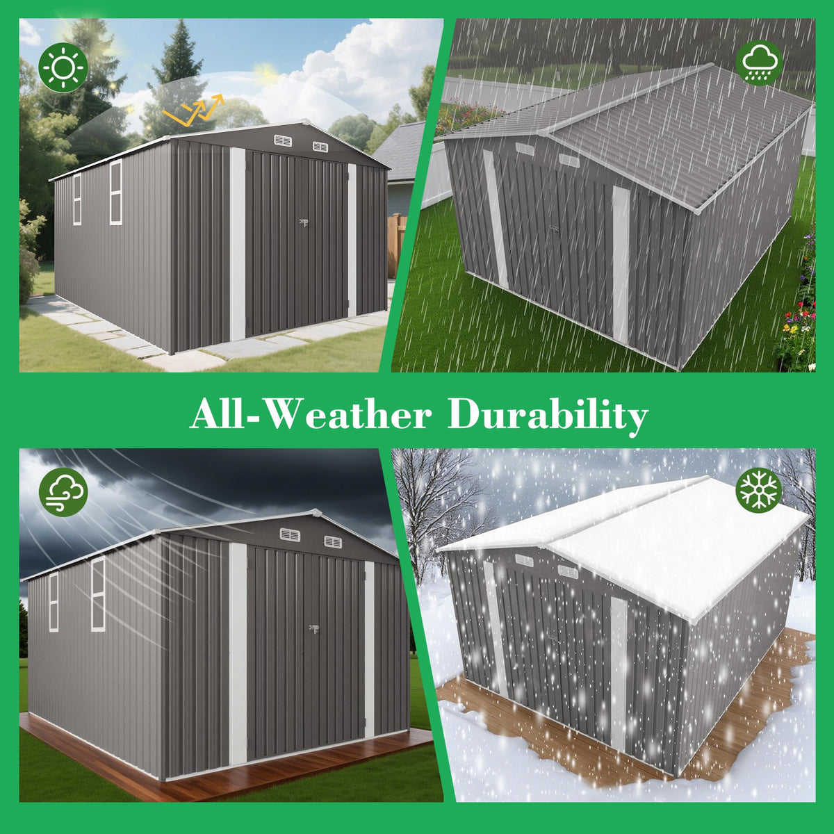 10x12 FT Grey Metal Storage Shed with Double Doors Q3942