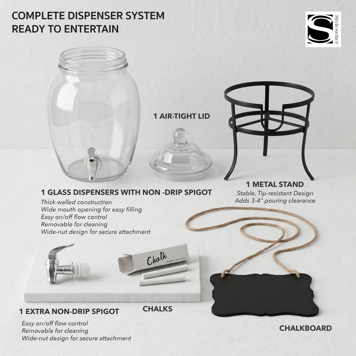 Glass Beverage Dispenser with Metal Stand 2 Gal F56891