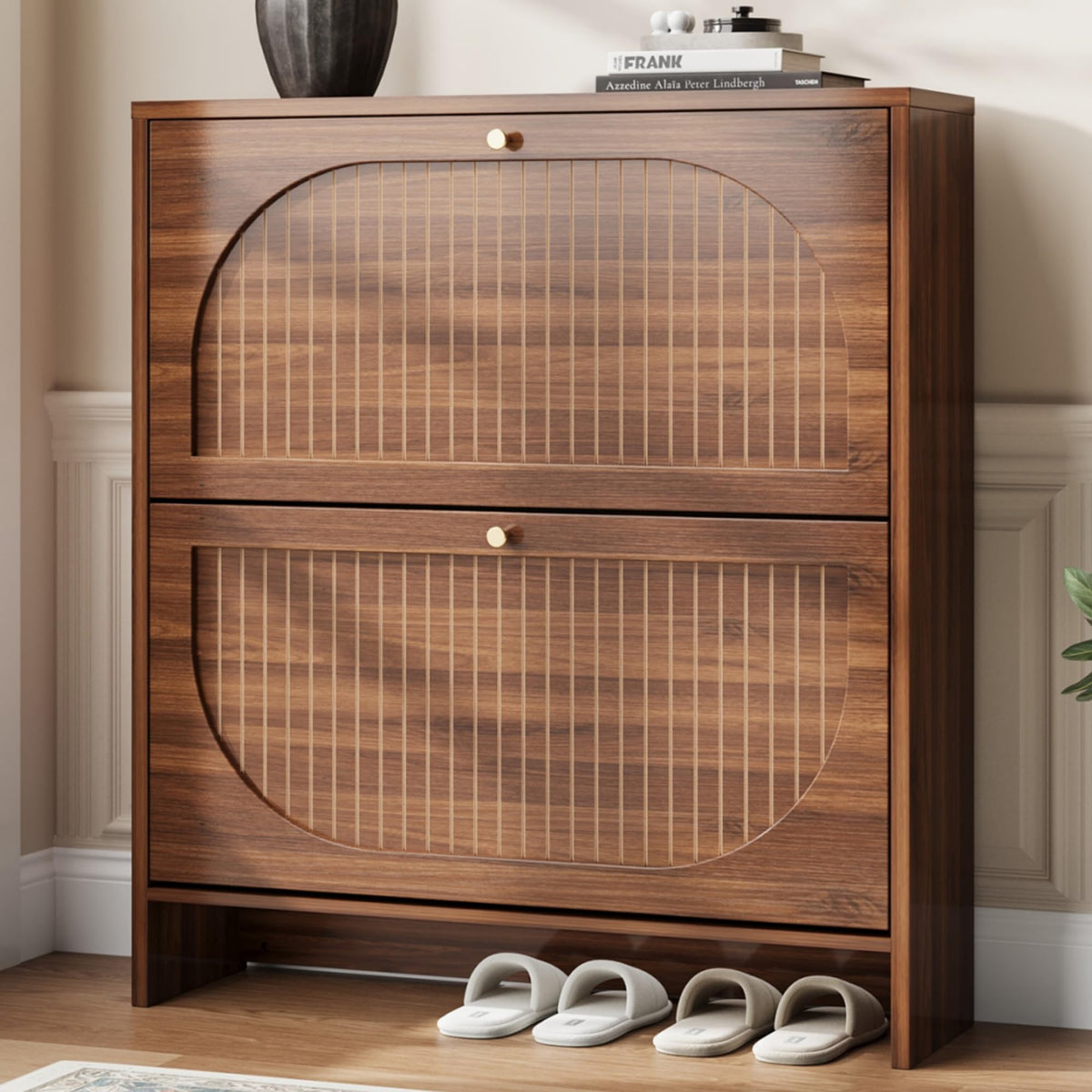 Luminous Walnut Shoe Storage Cabinet with Adjustable Shelves D640968