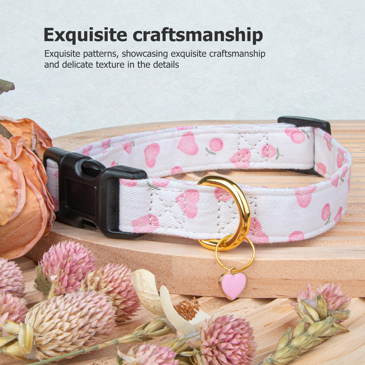 Cotton Dog Collar White and Pink Love Heart with Pendant Y85282