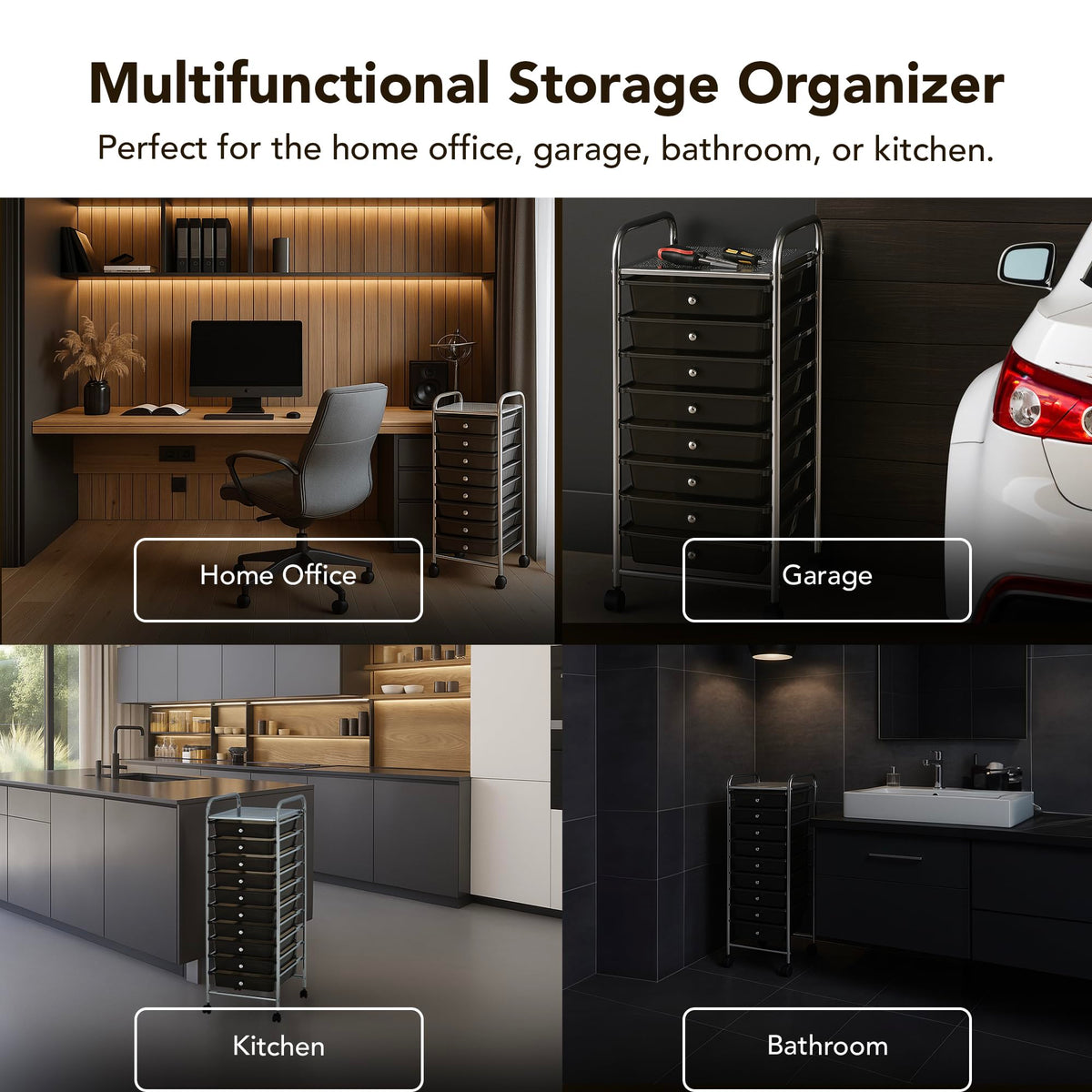 10 Drawer Rolling Storage Cart with Black Drawers T54372